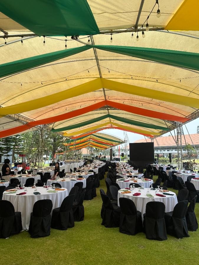 Tented banquet · black covers — event rental setup by Chairman Event Rentals in Laguna