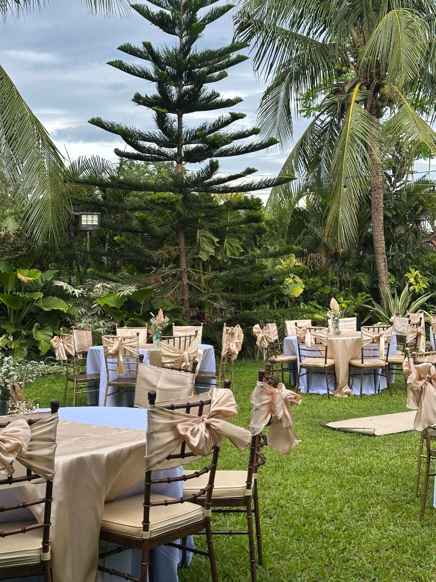 Garden reception with crossback chairs, satin sashes and round tables